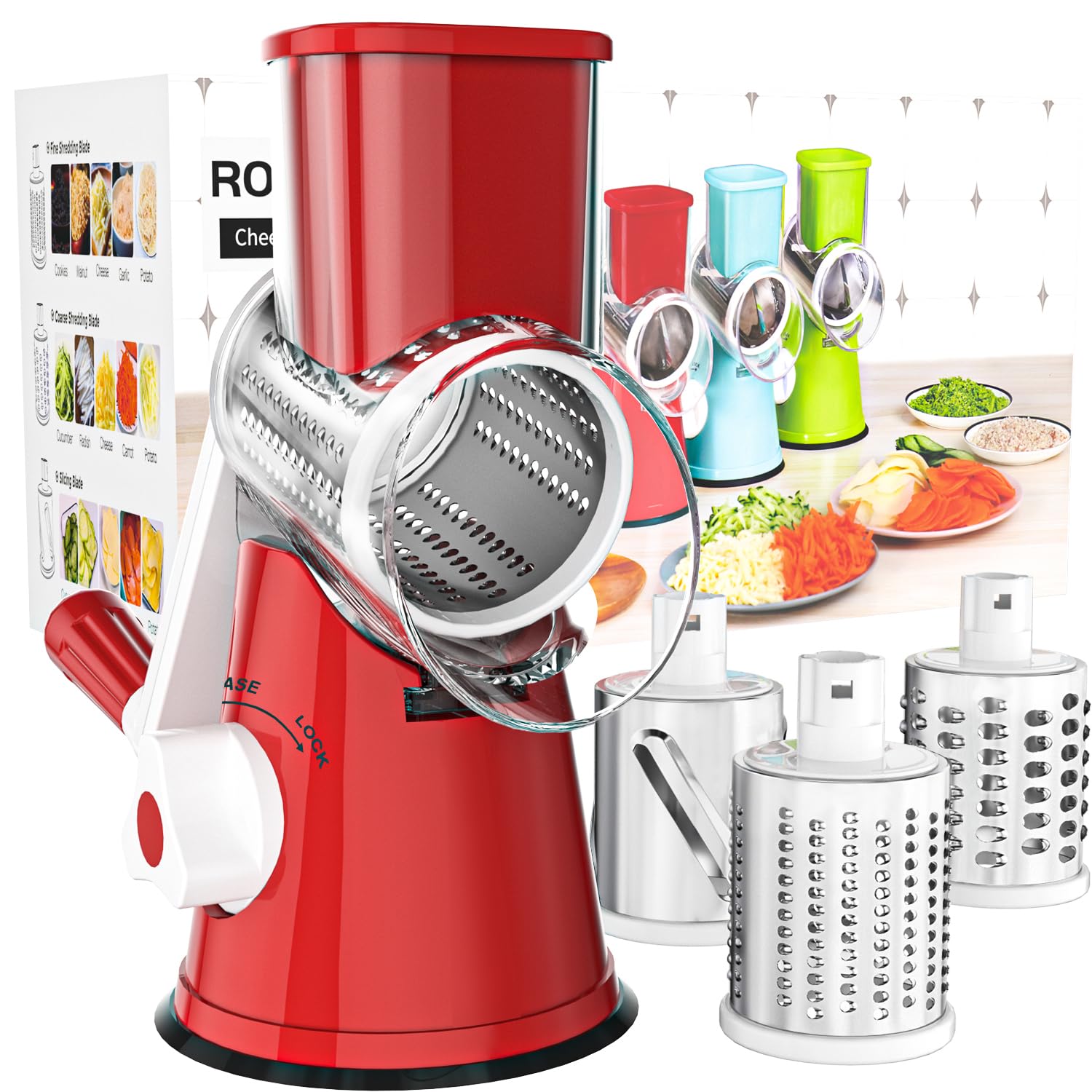 Cambom 5 in 1 Rotary Cheese Grater Hand Crank Cheese Shredder for Fresh Cheese, Vegetable, Nuts,Non-slip Suction Base, Black