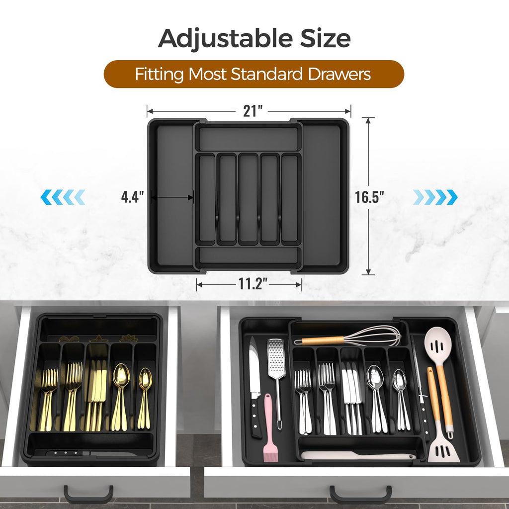 Extra Large Expandable Silverware Organizer, BPA-Free Food-Safe Cutlery Flatware Organizer, Kitchen Utensil Drawer Organizer, Adjustable Silverware Holder for Spoons Forks Knives, Black