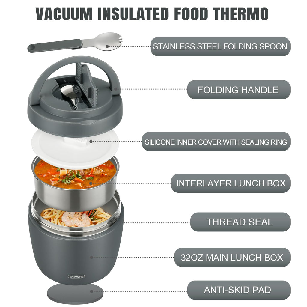 Thermo Food Jar for Hot Food Adults 32OZ Soup Thermo Lunch Containers Wide Mouth Vacuum Insulated Stainless Steel Leakproof Bento Box with Spoon (Black)