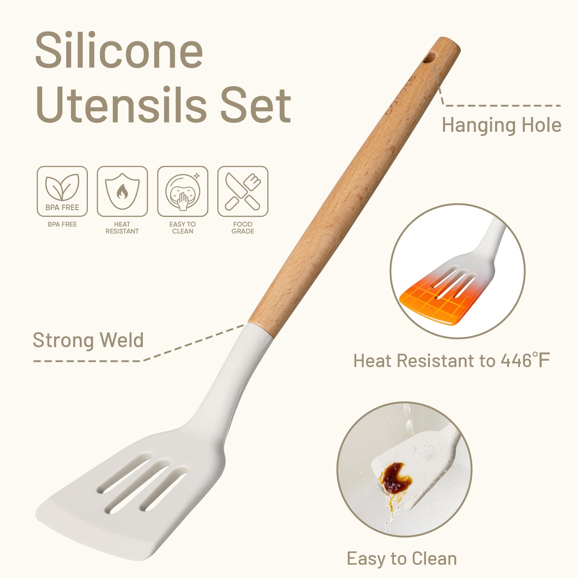 CAROTE Silicone Cooking Utensils Set for Nonstick Cookware, 446°F Heat Resistant Kitchen Utensil Set with Wooden Handle 10pcs, Spatula, Turner, Spoon, Tongs, Whisk