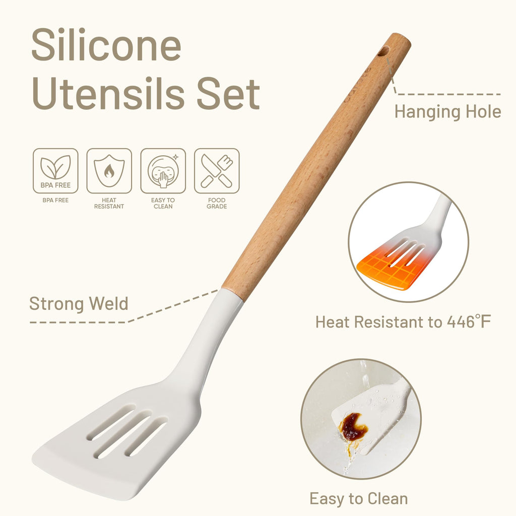 CAROTE Silicone Cooking Utensils Set for Nonstick Cookware, 446°F Heat Resistant Kitchen Utensil Set with Wooden Handle 10pcs, Spatula, Turner, Spoon, Tongs, Whisk