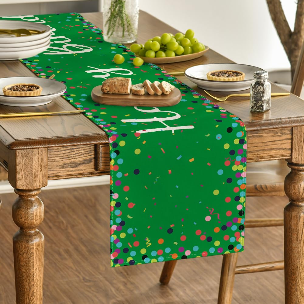 Artoid Mode Polka Dot Beige Happy Birthday Table Runner, Seasonal Kitchen Dining Table Decoration for Home Party Decor 13x72 Inch