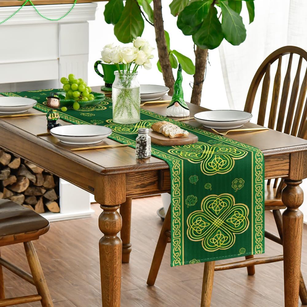 Artoid Mode Green Stripes Shamrocks 210 GSM St.Patrick's Day Table Runner, Seasonal Spring Kitchen Dining Table Runner for Home Party Decor 13x72 Inch