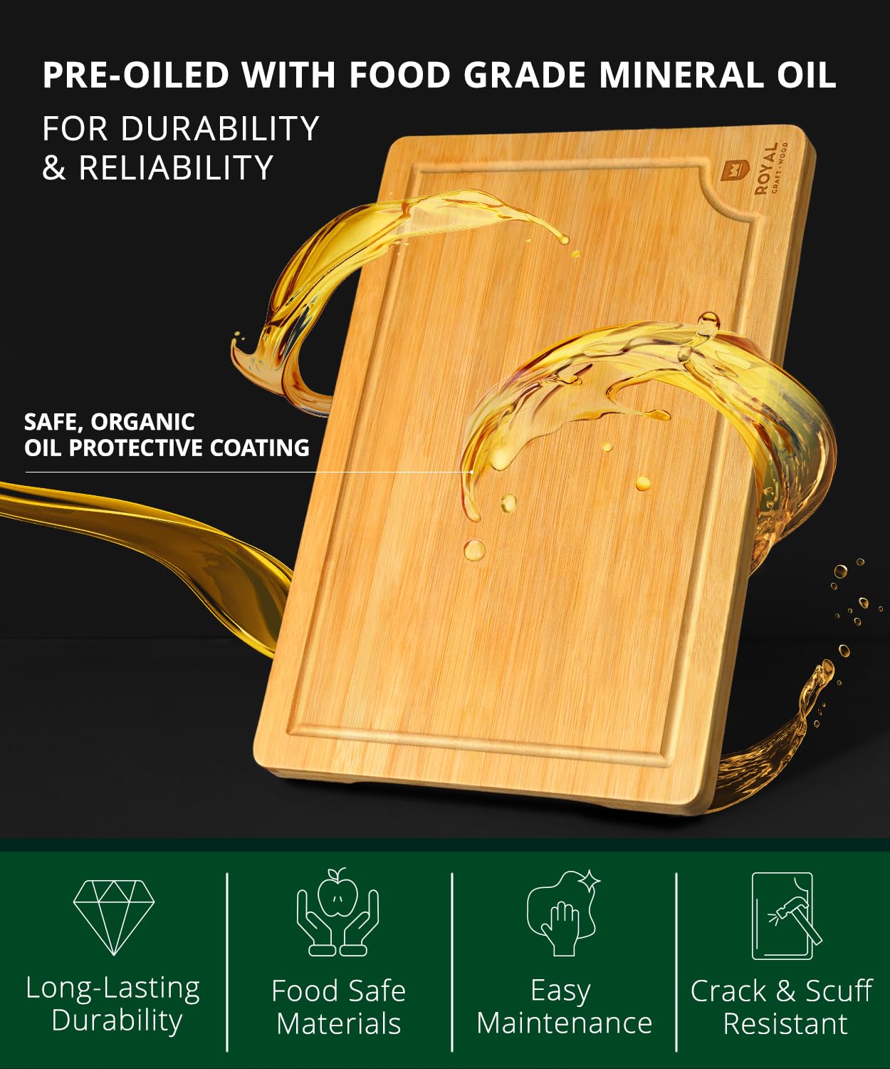 ROYAL CRAFT WOOD Organic Bamboo Cutting Board with Juice Groove - Kitchen Chopping Board for Meat (Butcher Block) Cheese and Vegetables