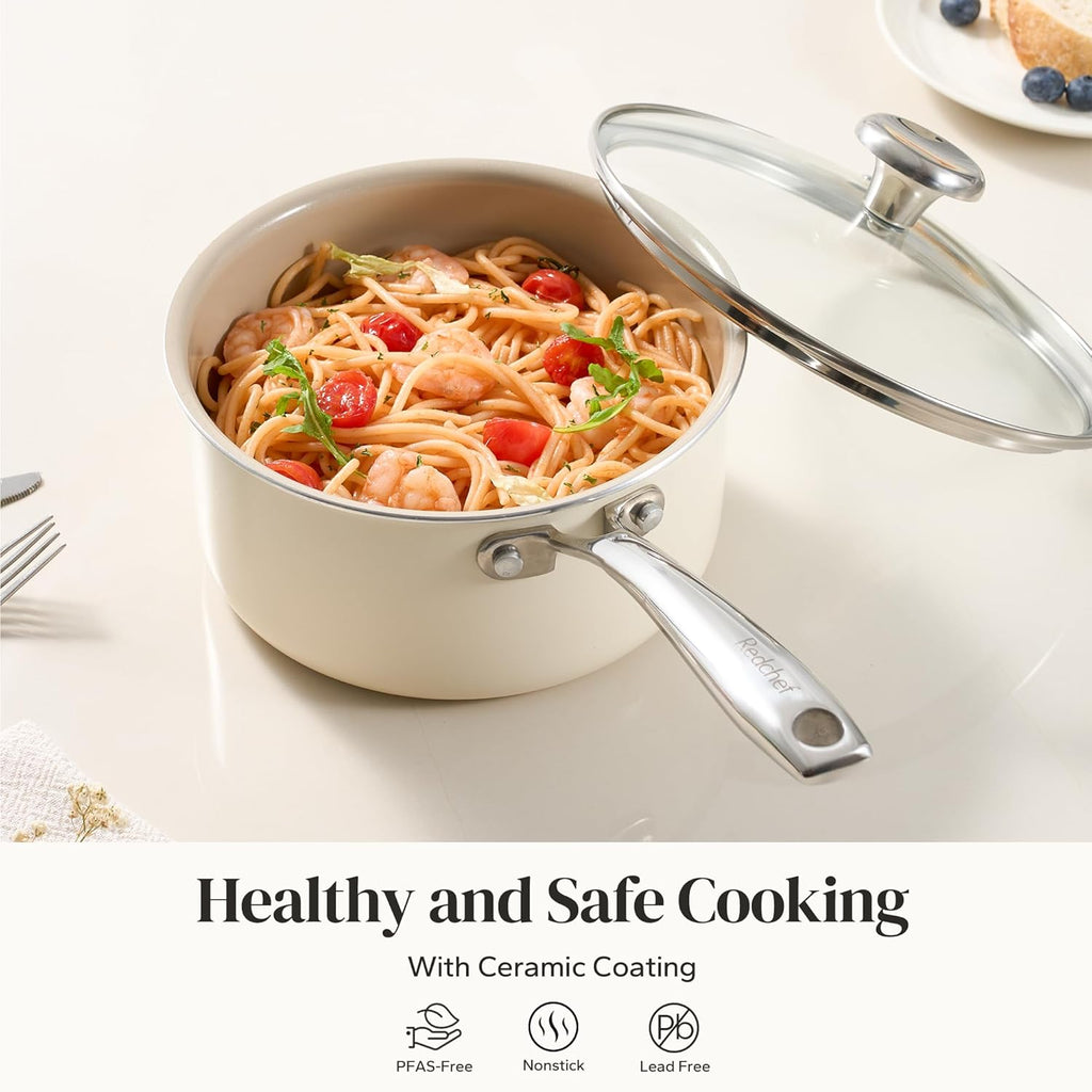 Redchef 5 QT Ceramic Stock Pot with Lid, 3.5QT Small Saucepan Stay-Cool Handles, Compatible All Stovetops, PFAS PFOA & PTFE Free (Beige)