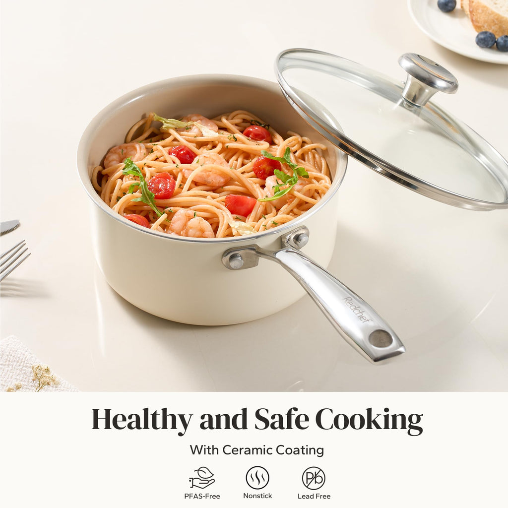 Redchef Nonstick Ceramic Sauce Pan with Lid, 2.5QT Small Cooking Pot with Stay-Cool Handle, Kitchen Non Toxic Soup Pot, PTFE & PFOA Free, Oven & Dishwasher Safe, Compatible with All Stovetops-Blue