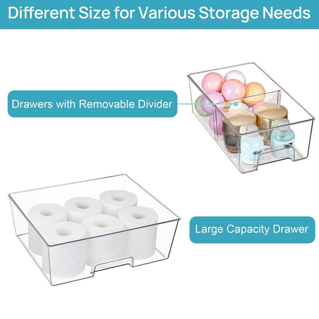 Vtopmart 3 Pack Stackable Storage Drawers, Easily Assemble Acrylic Bathroom Undersink Organizers,Clear Plastic Storage Bins for Closet,Cabinet,Pantry,Medicine Organization