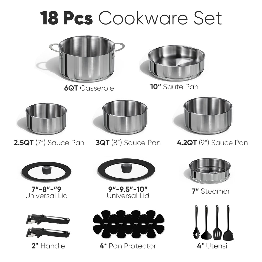 CAROTE Pots and Pans Set, Stainless Steel Cookware Set Detachable Handle, 15pcs Induction Kitchen Cookware Sets with Removable Handle, RV Cookware Set, Oven Safe
