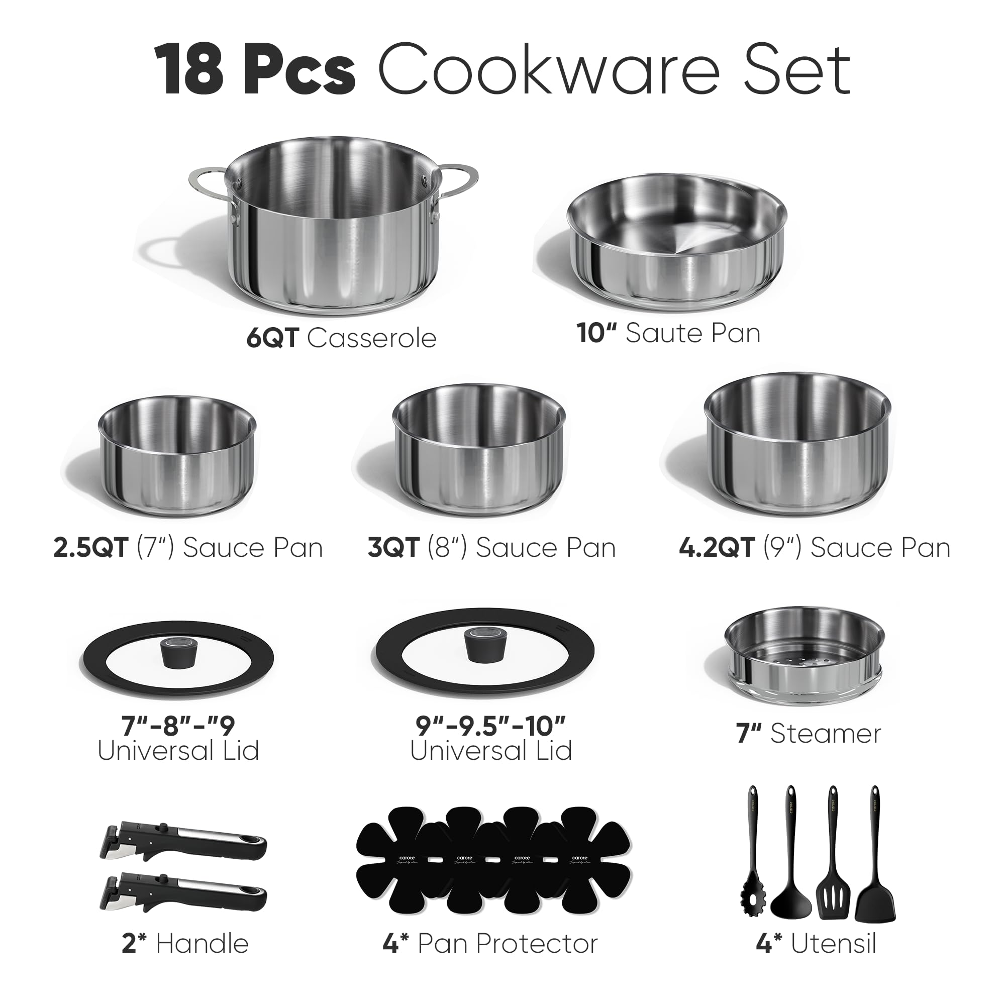 CAROTE Pots and Pans Set, Stainless Steel Cookware Set Detachable Handle, 15pcs Induction Kitchen Cookware Sets with Removable Handle, RV Cookware Set, Oven Safe