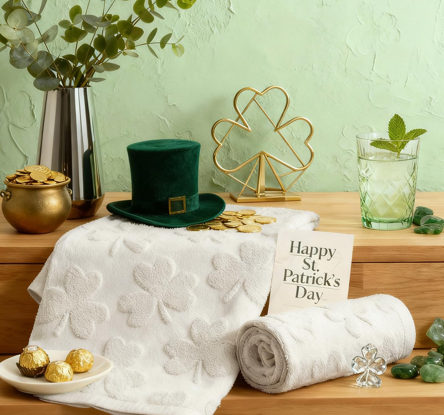 Artoid Mode 2 Pcs Dark Green 3D Shamrock Jacquard Patrick Hand Towels for Bathroom, 100% Cotton Soft Absorbent Bathroom Decor Towels, 13.7 x 29.5 Inch