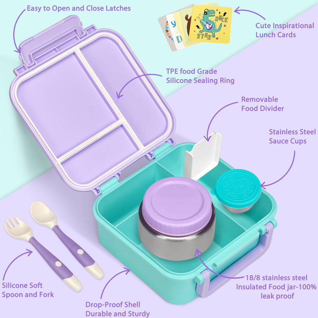Kids Bento Lunch Box with 9oz Soup Thermo Leakproof Lunch Food Containers 4 Compartment with Insulated Hot Food Jar for Kid Toddler Girls Boys to School Trvael