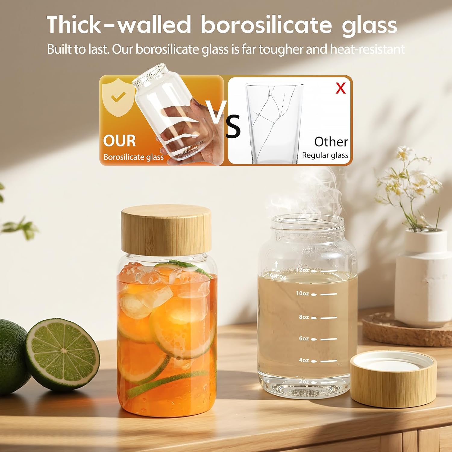 Freshmage 4 Pack Glass Water Bottles with Lids, 16 oz Reusable Wide Mouth Glass Juice Bottles with Bamboo Caps for Juicing, Smoothies, Water, Beverage Storage, 100% Leak Proof, BPA-Free, Borosilicate