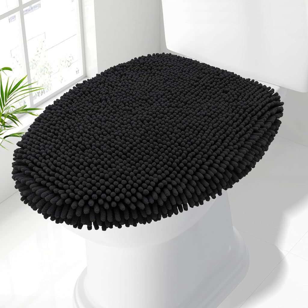 Smiry Soft Chenille Bathroom Toilet Lid Cover, Machine Washable Covers, 17.5x15, Fits Most Round, Elongated and Oblong Lids, Accessories Decor, Black