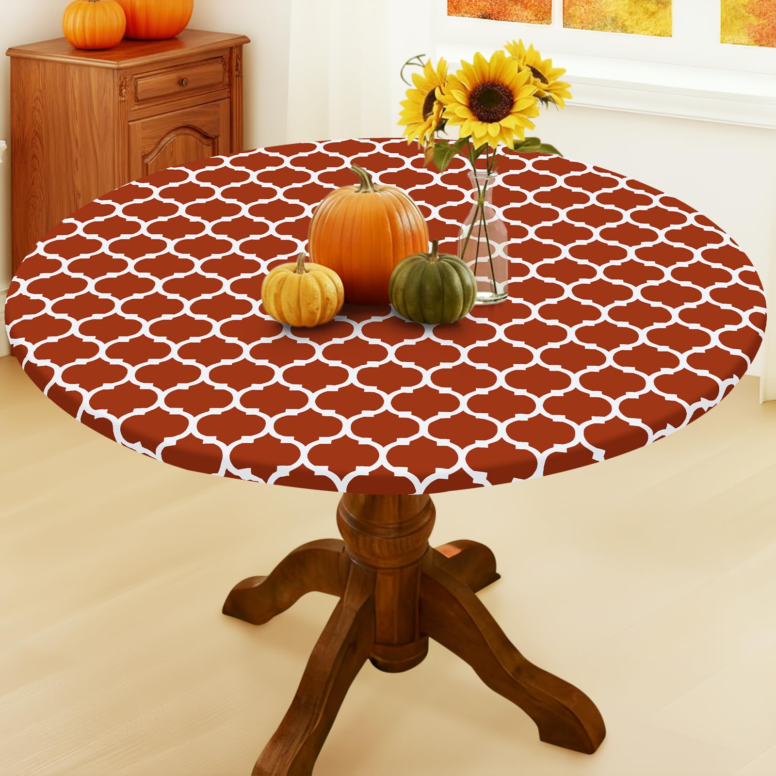 Smiry Round Picnic Tablecloth, Waterproof Elastic Fitted Table Covers for 45" - 56" Tables, Wipeable Flannel Backed Vinyl Tablecloths for Camping, Indoor, Outdoor, Grey & White