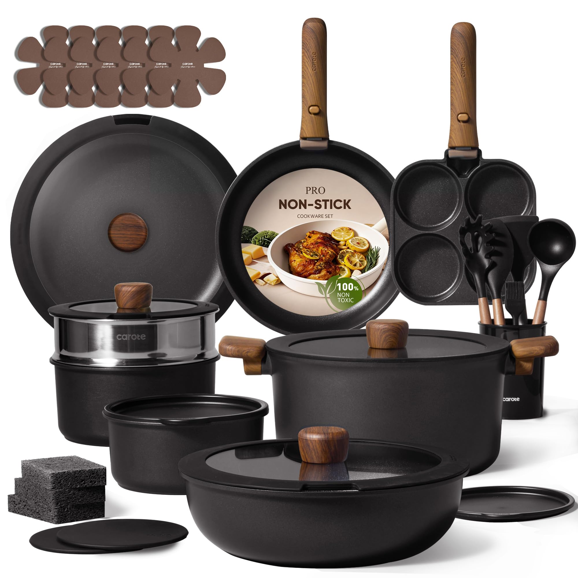 CAROTE 19pcs Pots and Pans Non Stick, Cookware Sets Detachable Handle, Induction Kitchen Pots and Pans,NonStick Cooking Set, Oven/Dishwasher/Fridge Safe, Space Saving