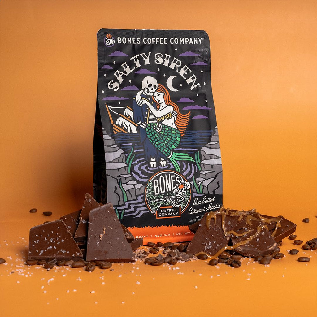 Bones Coffee Company Highland Grog, Butterscotch Caramel Flavored Coffee, Medium Roast Low Acid Arabica Beans Compatible with Auto drip and French Press Coffee Maker, 12 Oz Ground