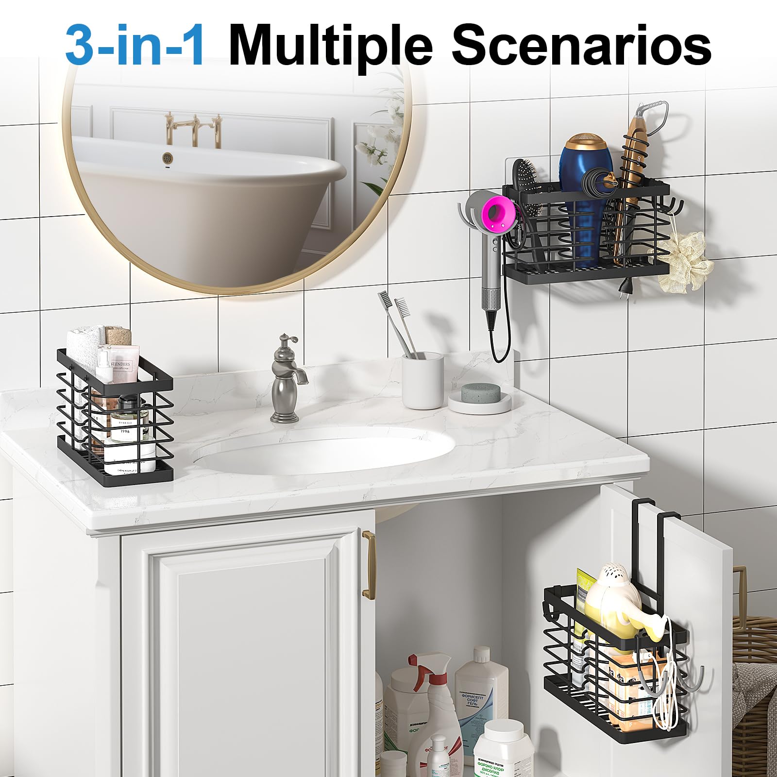 Hair Tool Organizer, 2026 Upgraded 3-in-1 Universal Hair Dryer Holder, Adjustable Height Metal Blow Dryer Holder Wall Mounted/Over Cabinet Door/Free-Standing (Black)