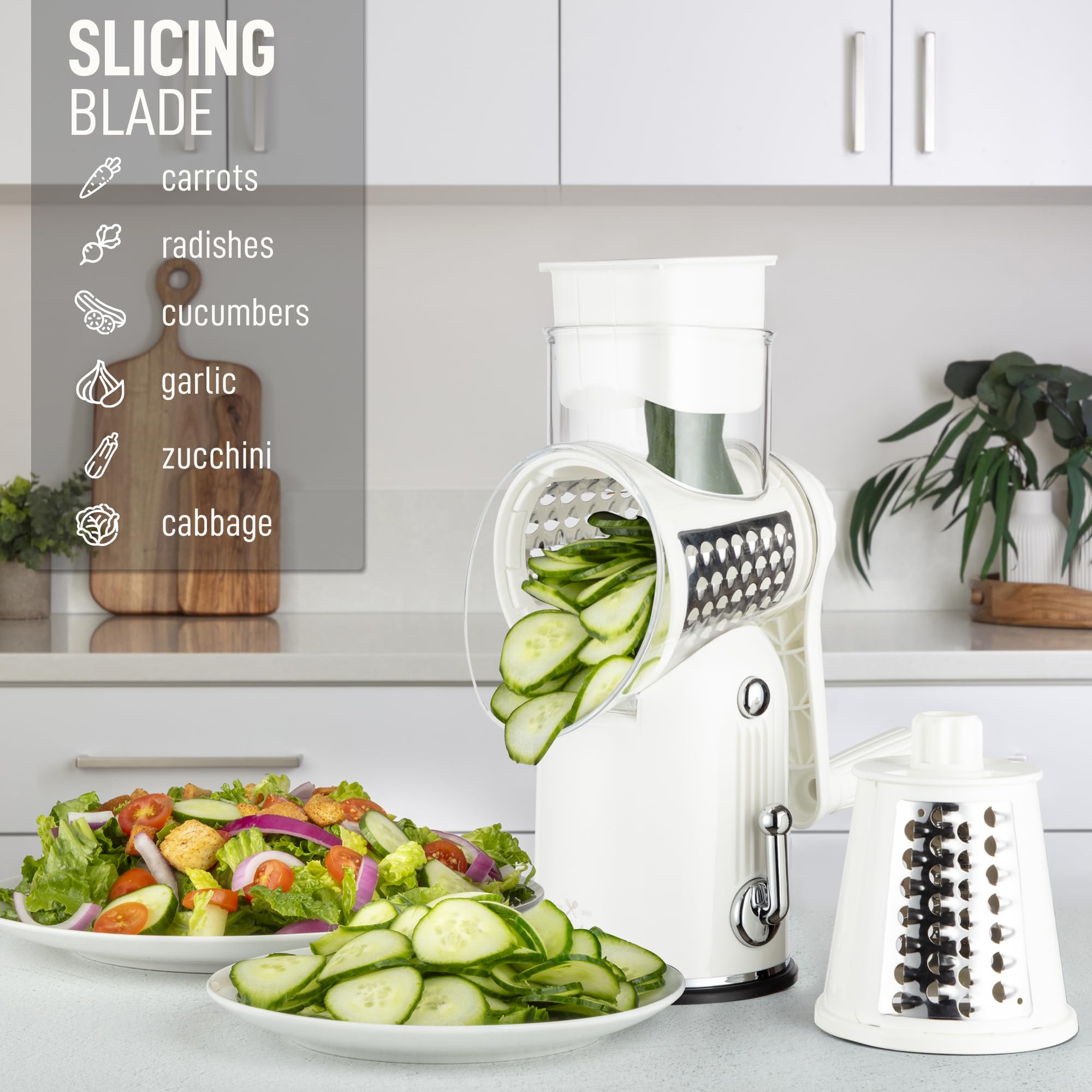 Zulay Kitchen Rotary Cheese Grater 5 Blade Cheese Shredder - Manual Hand Crank Cheese Grater With Reinforced Suction & 5 Interchangeable Drums - Easy to Use, Vegetable Chopper Round Mandoline Slicer