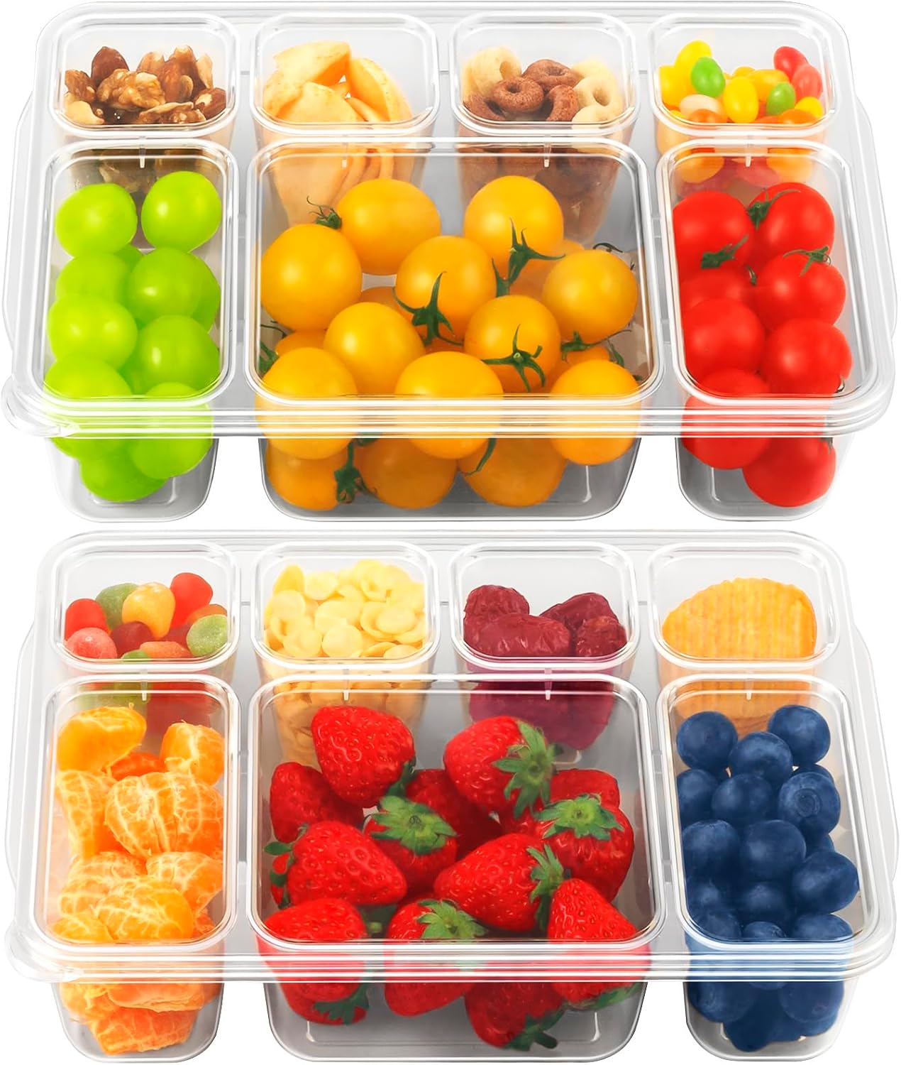 Freshmage Snackle Box Container - 2 Pack, 7 Compartment Divided Serving Tray with Lid, Portable Clear Snack Box Containers for Candy, Fruits, Nuts, and Snacks – Perfect for Travel, Parties, Picnics