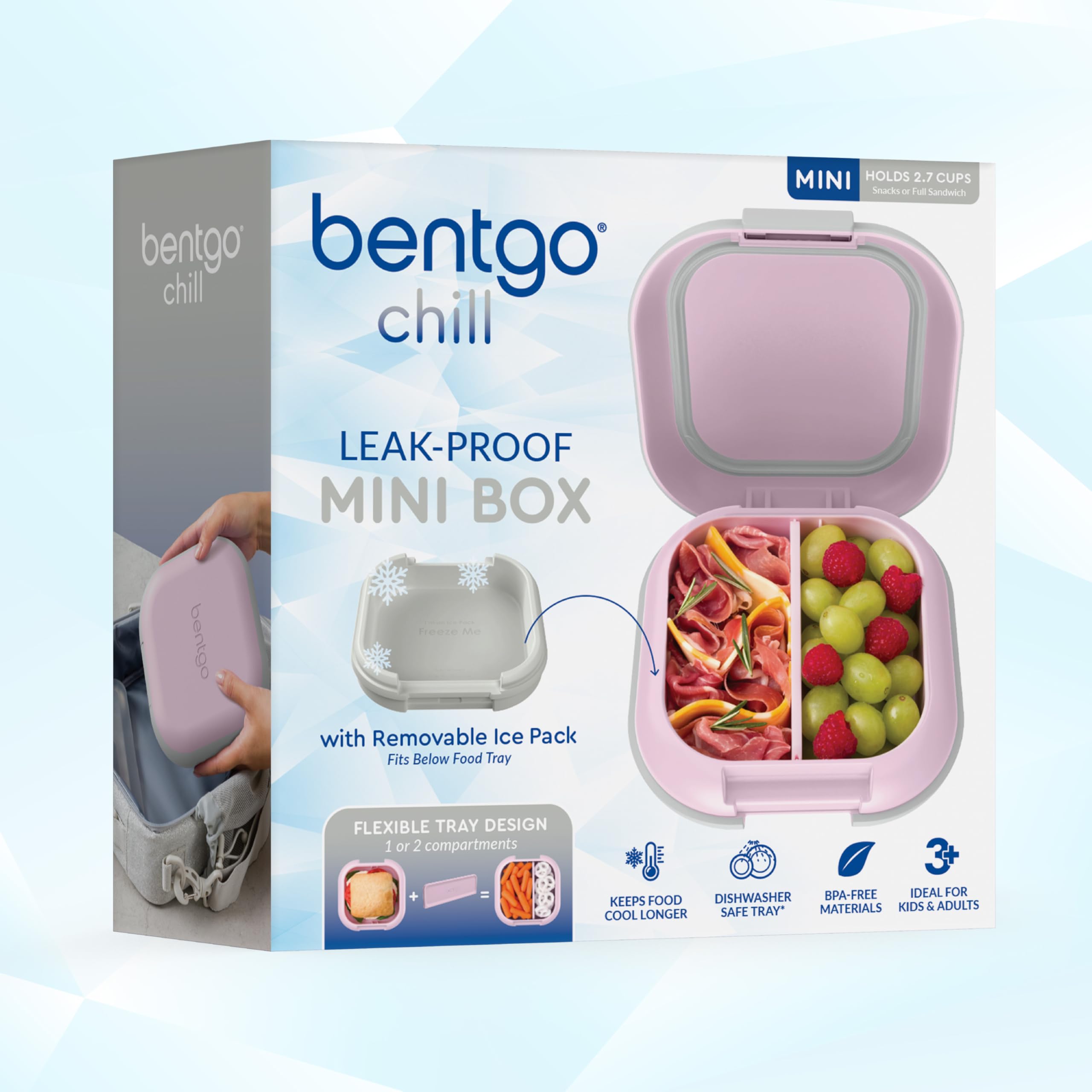 Bentgo Chill Mini Leak-Proof Lunch Box – Built-In Ice Pack Keeps Food Cold, 2.7-Cup Capacity for Snacks or a Sandwich, 3 or 4 Compartments, PFAS & BPA-Free, Ideal for Adults & Kids 3+ (Lilac Mist)