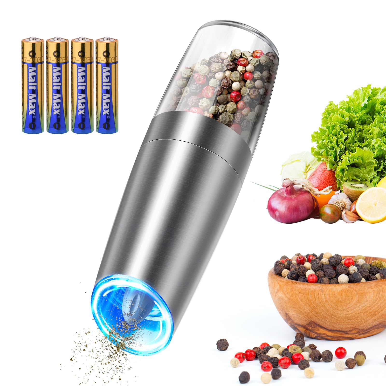 CIRCLE JOY Rechargeable Salt and Pepper Grinder Set Gravity Electric Salt and Pepper Grinder Set, LED Light, Adjustable Coarseness, for Home Kitchen BBQ, Black & White