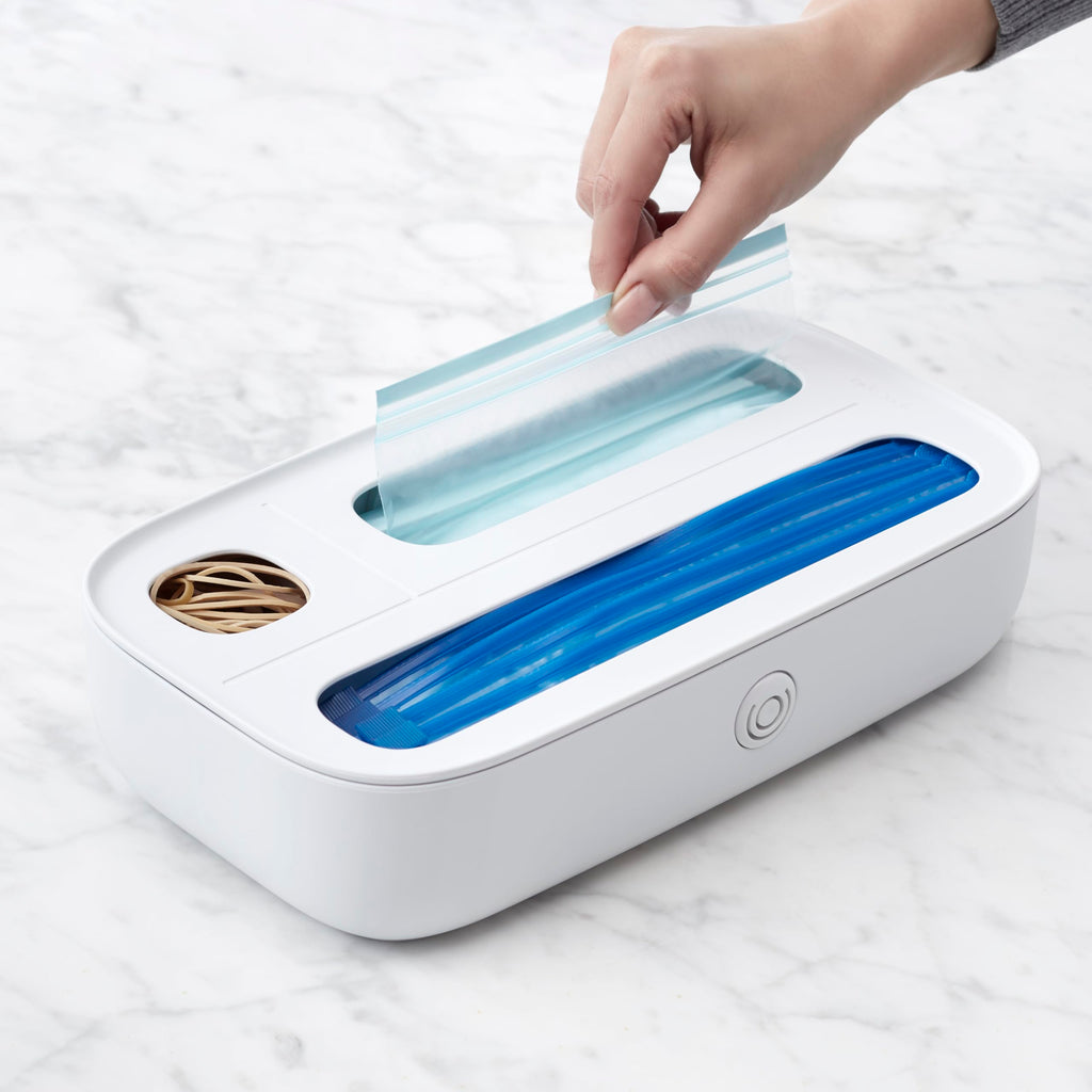 StoraBag Drawer Food Bags Dispenser, 4-Slot, Plastic Sandwich Bag Organizer for Kitchen Storage, White