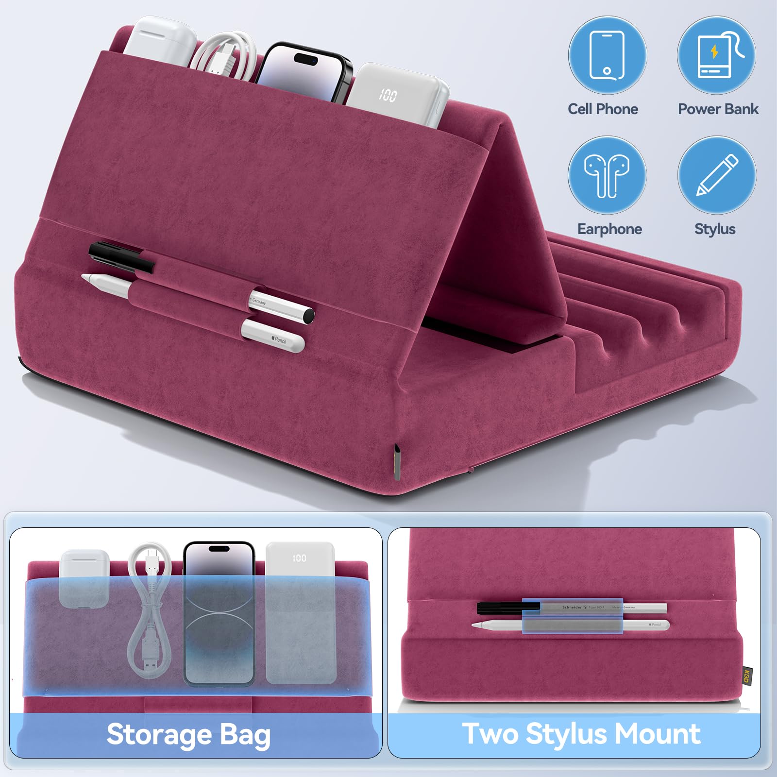 KDD Tablet Pillow Holder, Foldable iPad Stand for Lap, Bed and Desk -Tablet Soft Pad Dock with Pocket & Stylus Mount Compatible with iPad Pro 12.9, 10.5, 9.7 Air Mini 6 5 4 3, Galaxy Tab,E-Reader