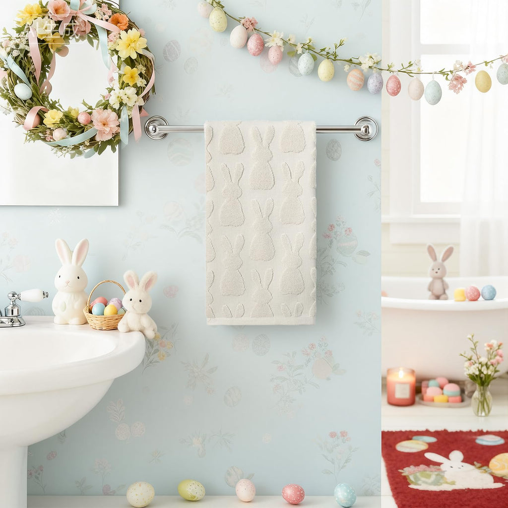 Artoid Mode 2 Pcs Beige 3D Rabbit Jacquard Easter Hand Towels for Bathroom, 100% Cotton Soft Absorbent Bathroom Decor Towels, 13.7 x 29.5 Inch