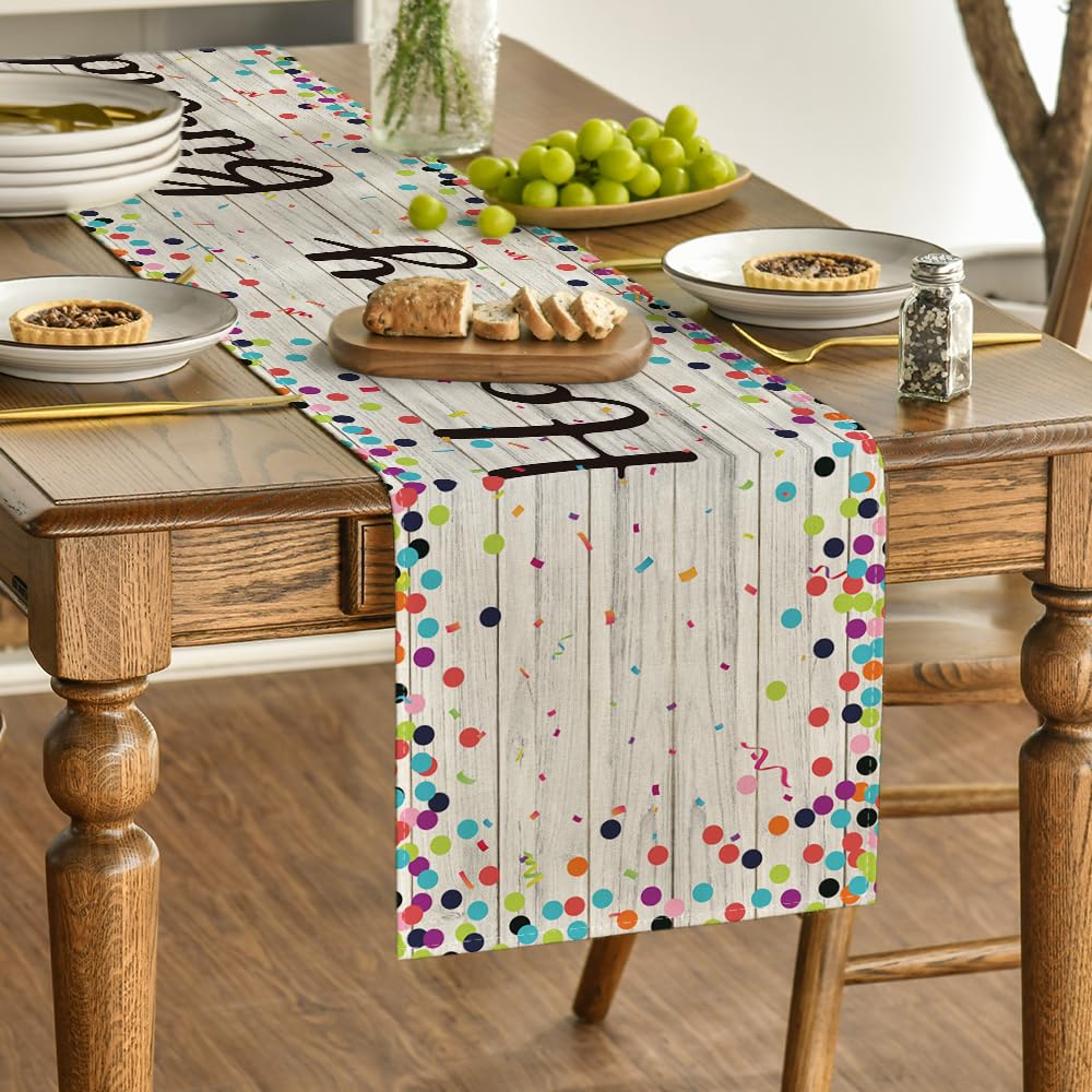 Artoid Mode Polka Dot Beige Happy Birthday Table Runner, Seasonal Kitchen Dining Table Decoration for Home Party Decor 13x72 Inch