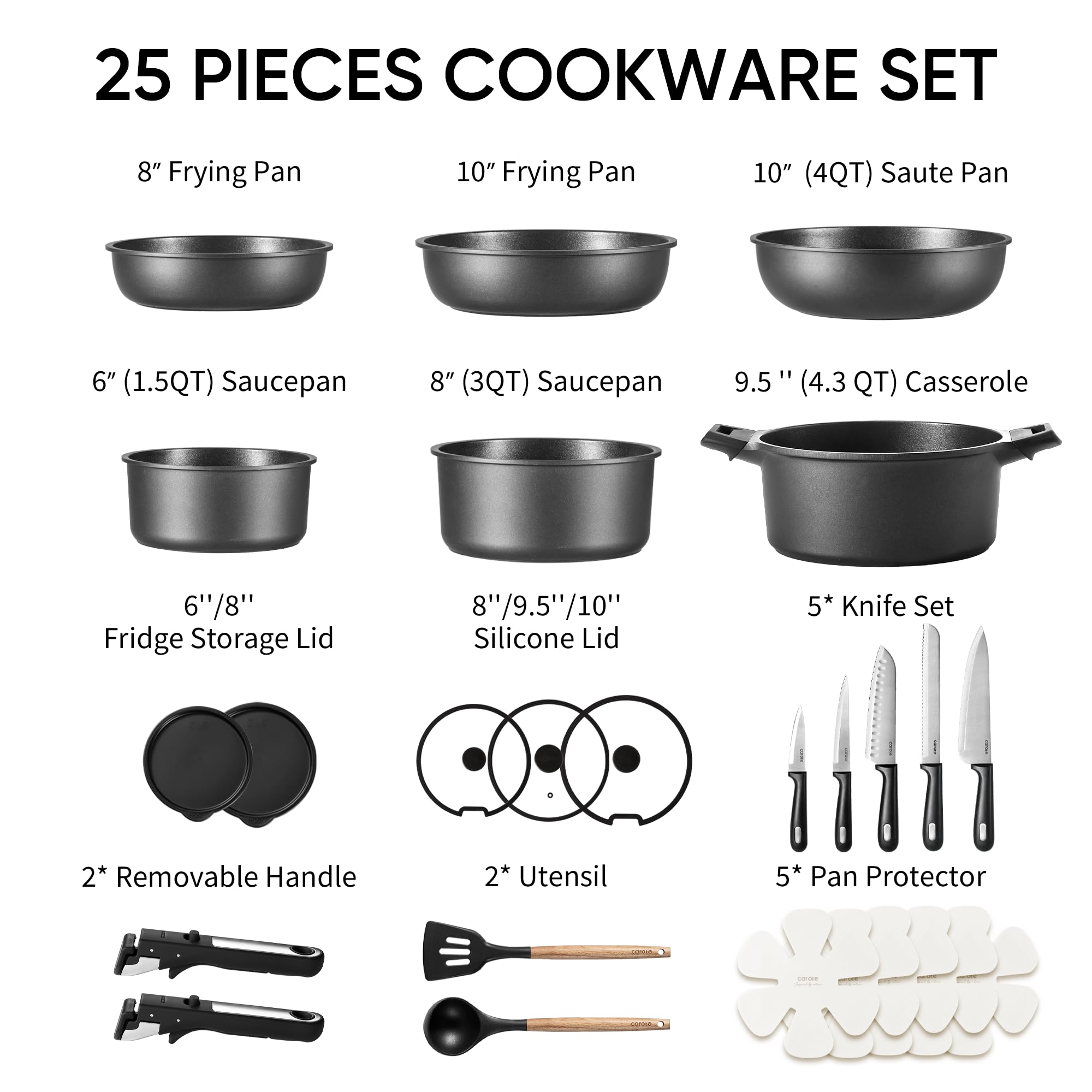 CAROTE 25pcs Pots and Pans Set Non Stick, Cookware Sets, Kitchen Set, Oven/Dishwasher/Fridge Safe, Space Saving Pots Set, Nonstick Set with Versatile Detachable Handle with Knife Set, Jet Black