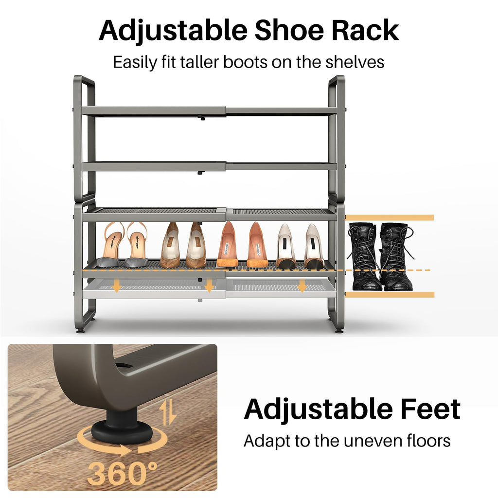 SNTD Shoe Rack - Expandable Shoe Organizer for Closet, Adjustable Metal Shoe Shelf Storage, Stackable Long Shoe Stand Holder for Garage, Entryway, Door Entrance (Black, 2-Tier)