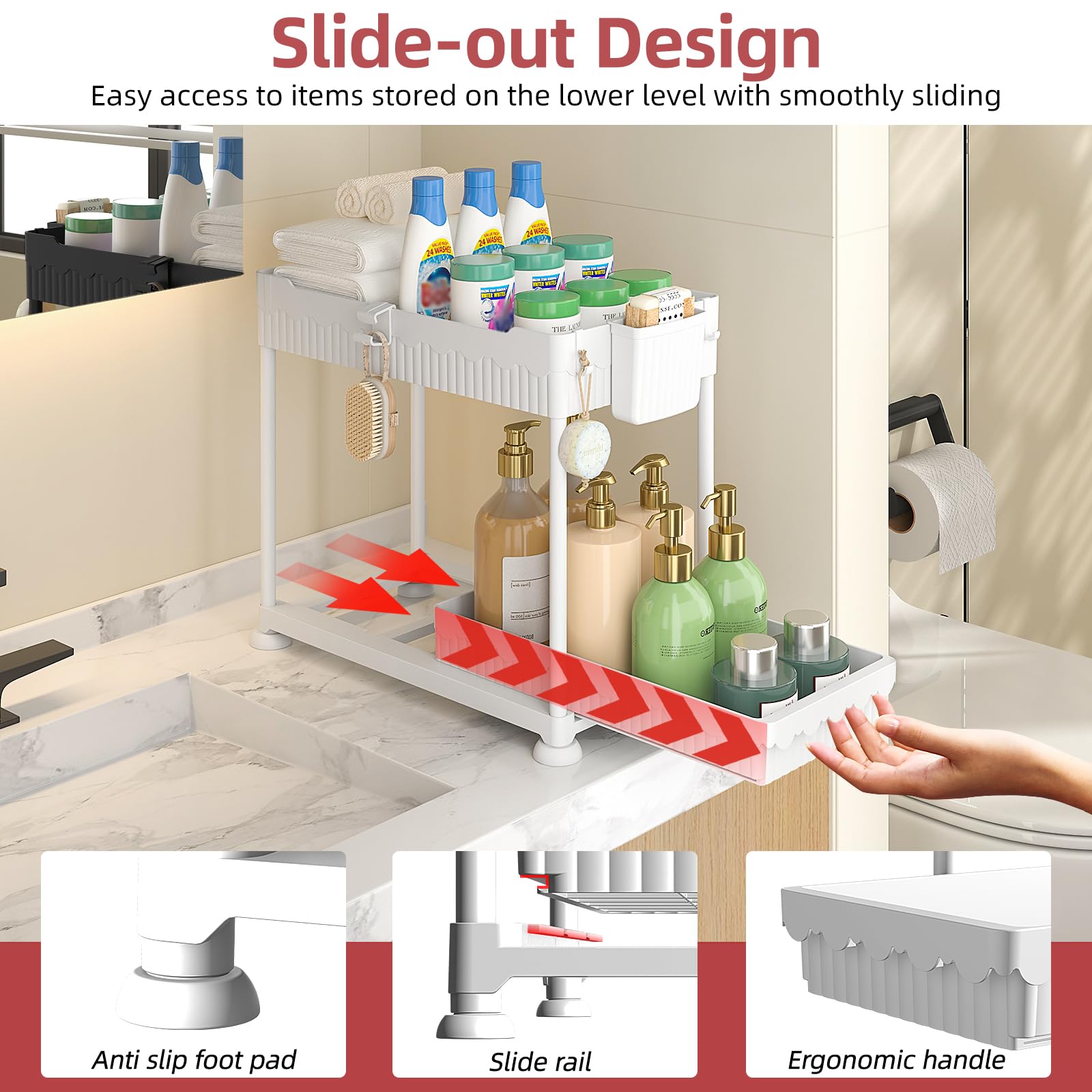 4 Pack Under Sink Organizer, Bathroom Organizers and Storage, 2 Tier Multi-Use Pull Out Cabinet Organizer with Hang Hooks and Cups (Black, 4 Pack)