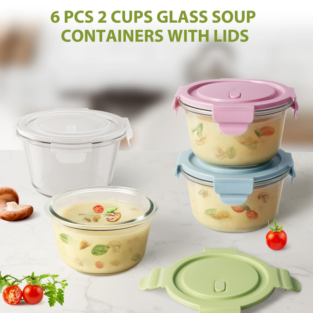 16oz Glass Meal Prep Containers, Airtight 2 Cup Glass Storage Containers with Lids, Heat-Resistant BPA-Free Borosilicate Glass Soup Container for Leftover, Microwave, Dishwasher&Freezer Safe (4 Packs)
