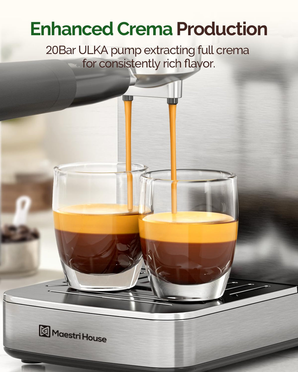 Maestri House Espresso Machine, 20 Bar ULKA Pump, Compact Espresso Maker Built-in Flow Meter Steam Milk Frother, Stainless Steel Coffee Machine for Cappuccino, Latte (Black)