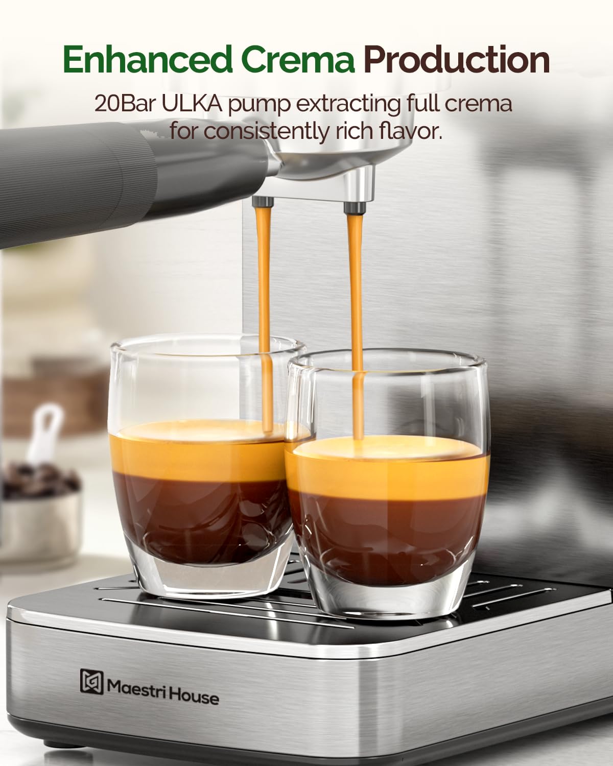 Maestri House Espresso Machine, 20 Bar ULKA Pump, Compact Espresso Maker Built-in Flow Meter Steam Milk Frother, Stainless Steel Coffee Machine for Cappuccino, Latte (Black)