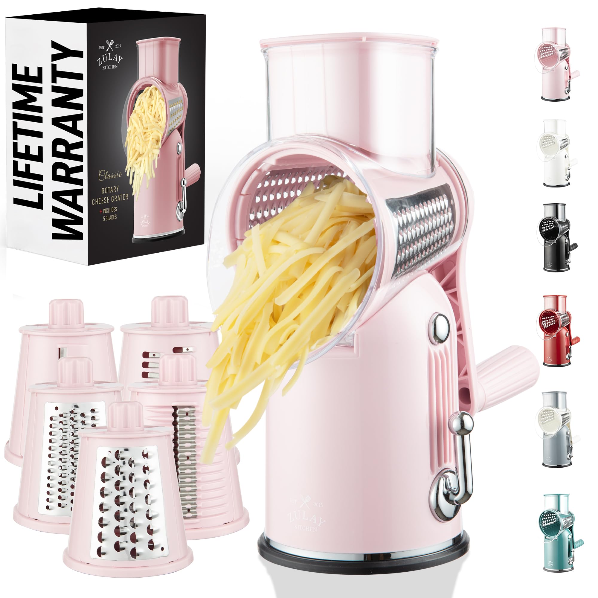 Zulay Kitchen Rotary Cheese Grater 5 Blade Cheese Shredder - Manual Hand Crank Cheese Grater With Reinforced Suction & 5 Interchangeable Drums - Easy to Use, Vegetable Chopper Round Mandoline Slicer