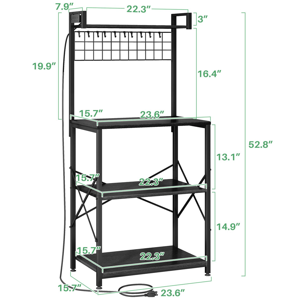 SNTD Bakers Rack with Power Outlet, Kitchen Shelves Microwave Stand with Wire Grid and 10 Hooks, 4 Tiers Coffee Stand (Rustic Brown, 23.5 x 15.6 x 52.8 Inches)
