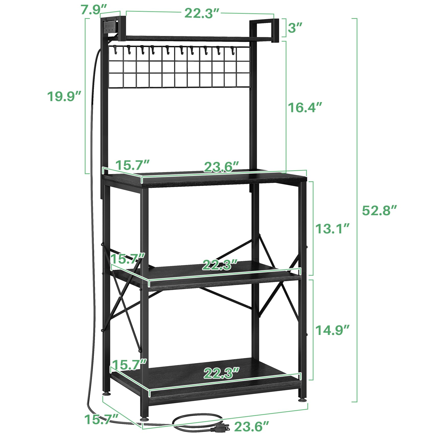 SNTD Bakers Rack with Power Outlet, Kitchen Shelves Microwave Stand with Wire Grid and 10 Hooks, 4 Tiers Coffee Stand (Rustic Brown, 23.5 x 15.6 x 52.8 Inches)