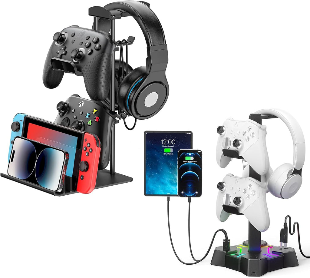 KDD Headphone Stand & Controller Holder for Desk & RGB Headphone Stand with USB Charger - Headphone Holder with 2 USB Charging Ports and 3 AC Outlets