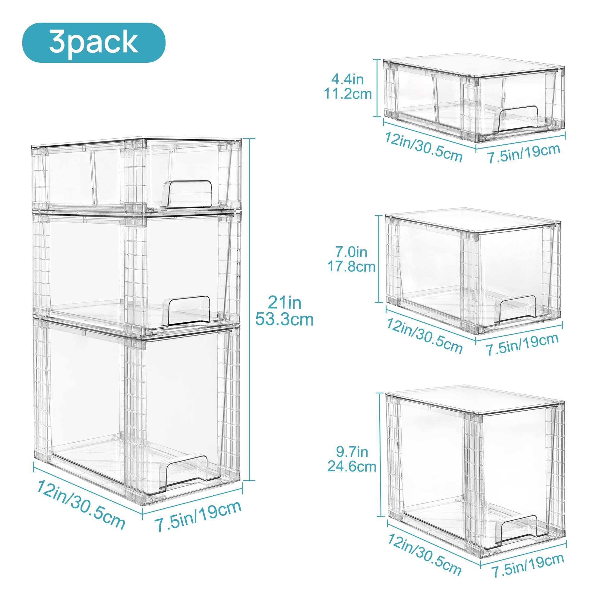 Vtopmart 3 Pack Stackable Storage Drawers, Easily Assemble Acrylic Bathroom Undersink Organizers,Clear Plastic Storage Bins for Closet,Cabinet,Pantry,Medicine Organization