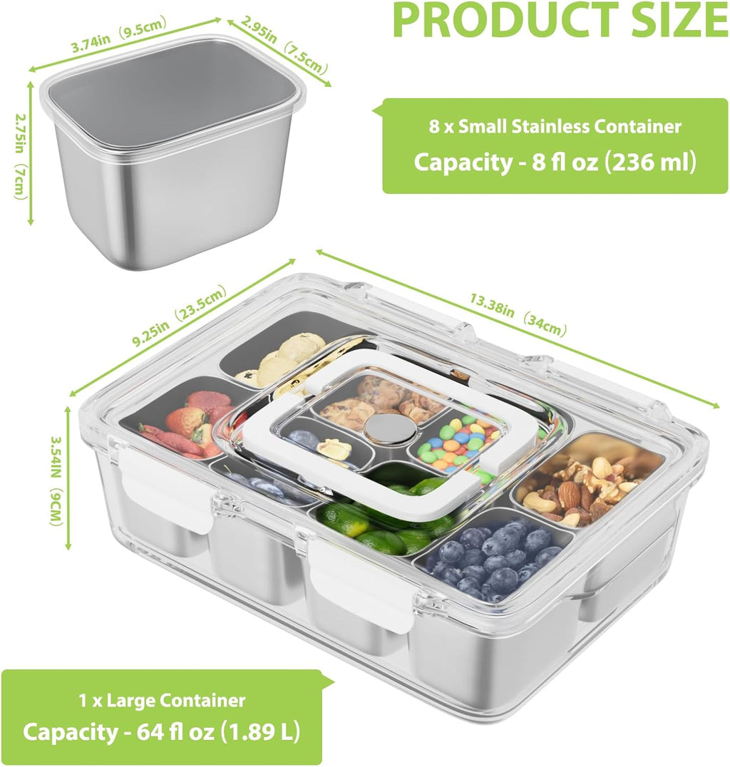 Freshmage 8 Compartment Stainless Steel Snack Containers and 2 Pack Reusable Food Storage Snackle