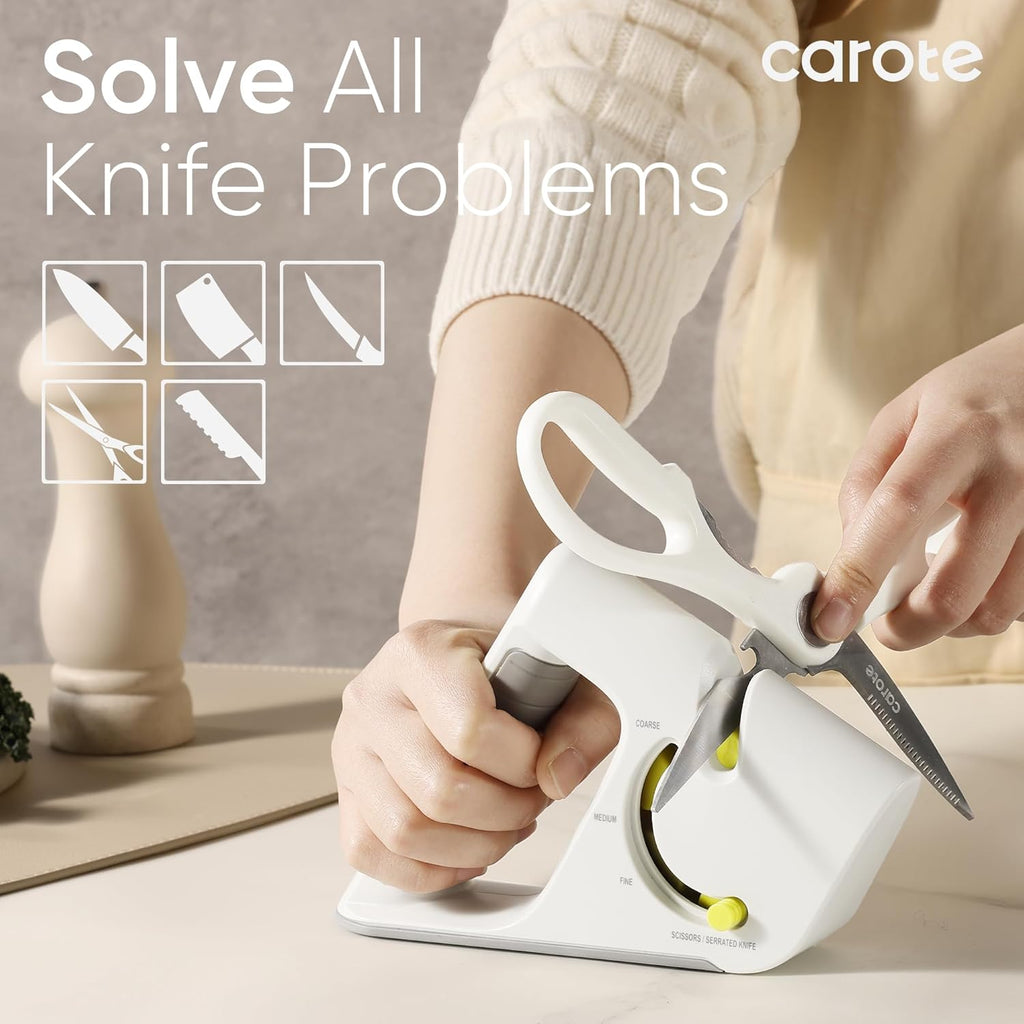 CAROTE 4-in-1 Knife Sharpener for Kitchen Knives Pocket Knife Sharpener Helps Repair, Restore,Polishe Blades, Safe & Easy to Use with Non-Slip Base and Grip Light Grey