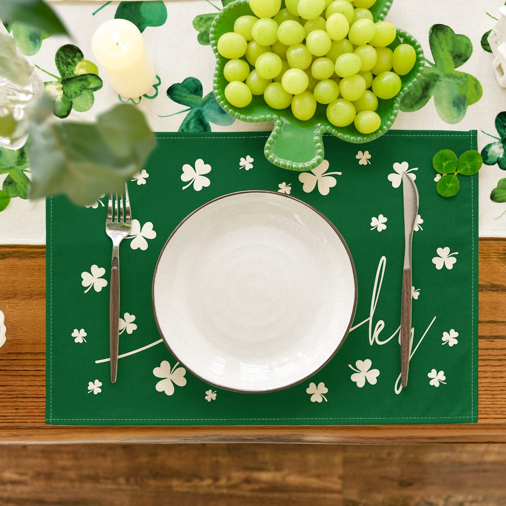 Artoid Mode Green Lucky Shamrock St. Patrick's Day Placemats Set of 4, 12x18 Inch Seasonal Spring Table Mats for Party Kitchen Dining Decoration