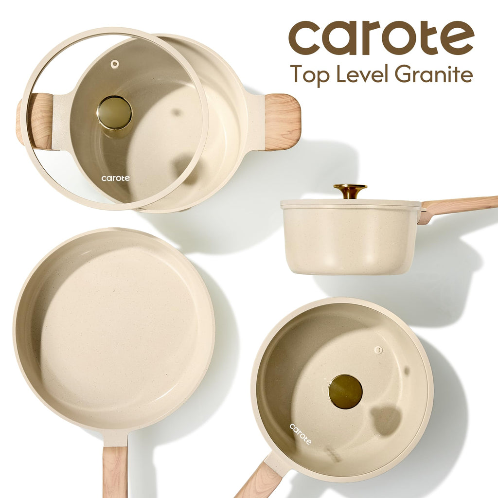 CAROTE 14Pcs Pots and Pans Set Non stick, Ceramic Cookware Set, Non-toxic Kitchen Cooking Set, PFAS and PFOA Free