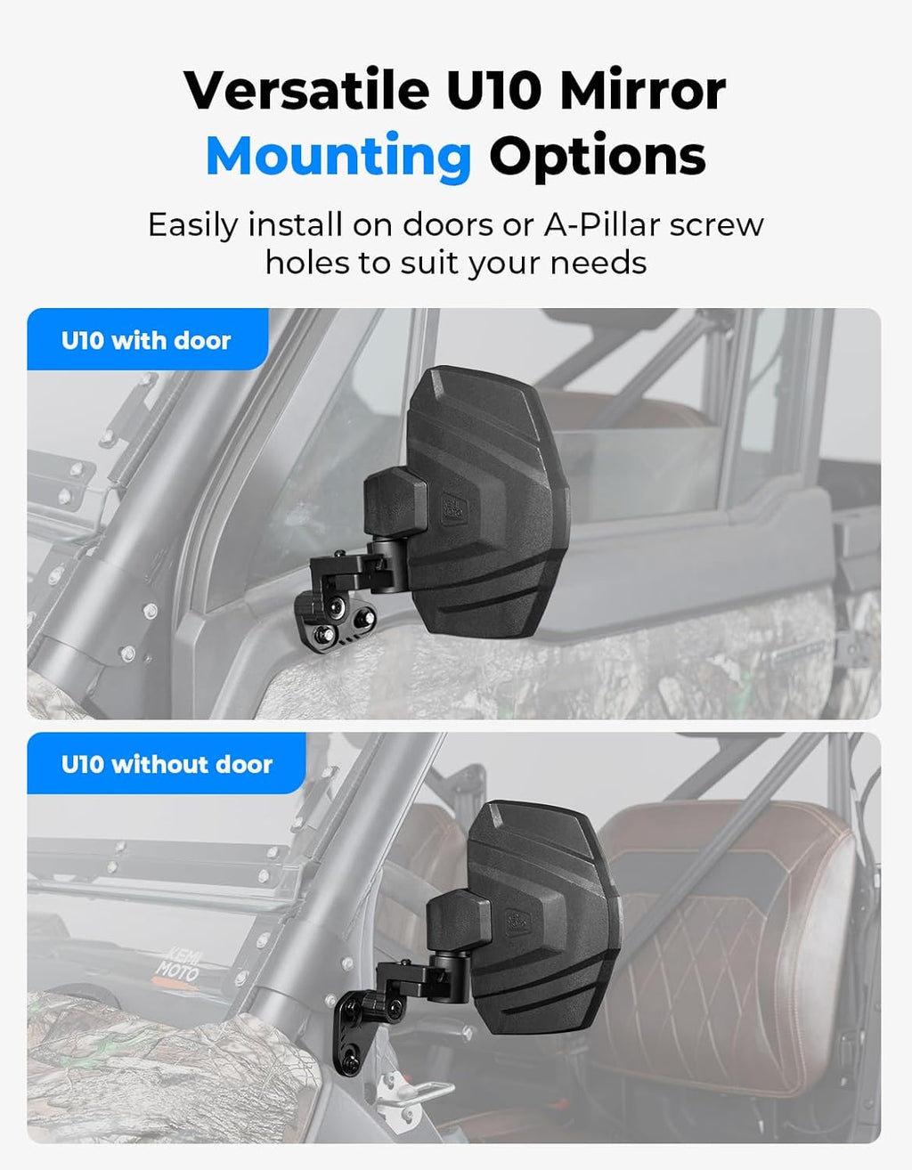 KEMIMOTO Large Side Mirrors A-pillar UTV Mirror Compatible with Polaris Ranger XP 1000/ Crew XP 1000 2018-2026, CFMOTO UFORCE U10, Extension Adjustable Side Mirrors Mounted on ROPS bar