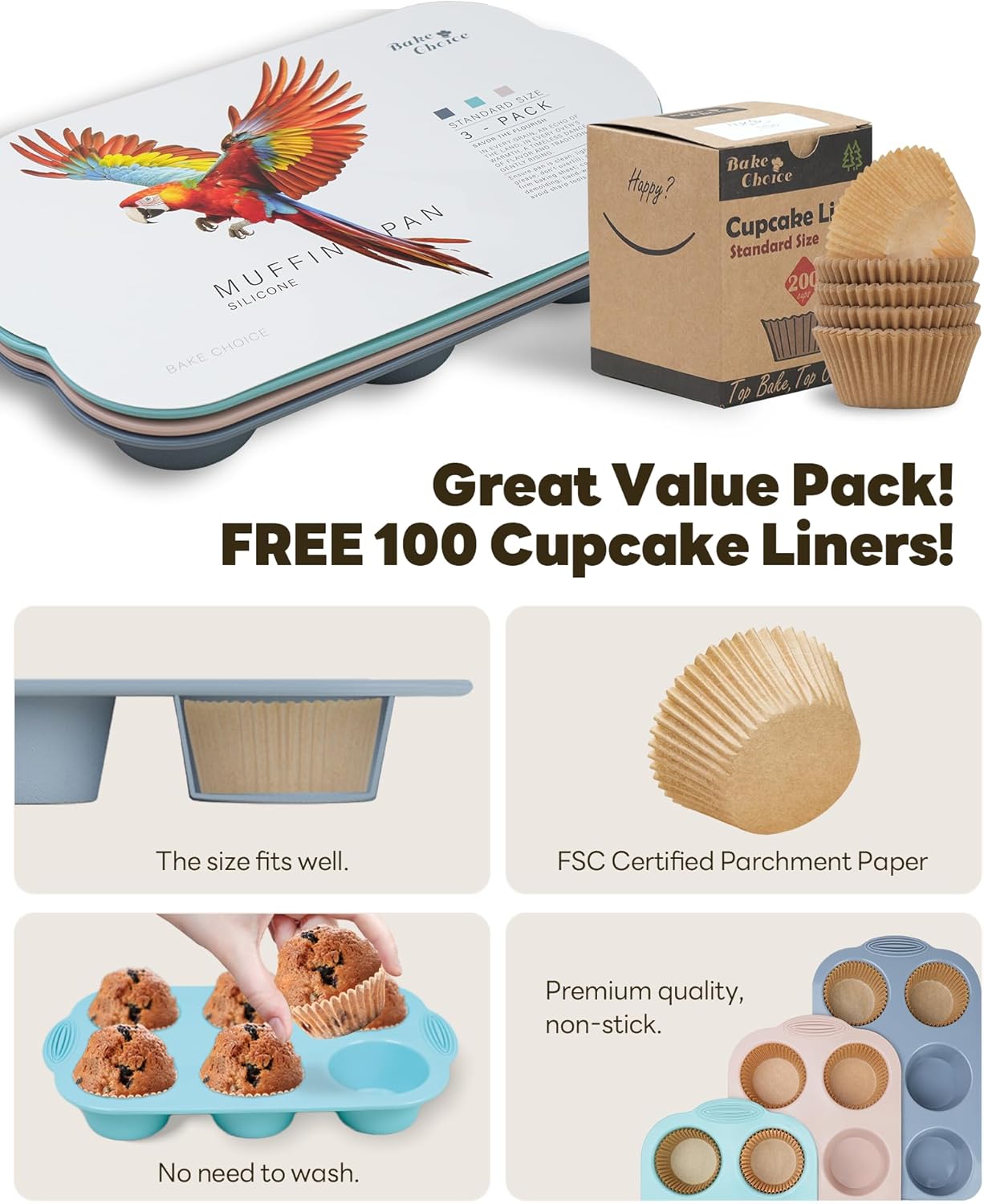 Silicon Muffin Pan-3-pack includes 100 Natural Cupcake Liners, 6-cavity Regular Size, BPA Free, Egg Bite & Muffin Molds for Baking