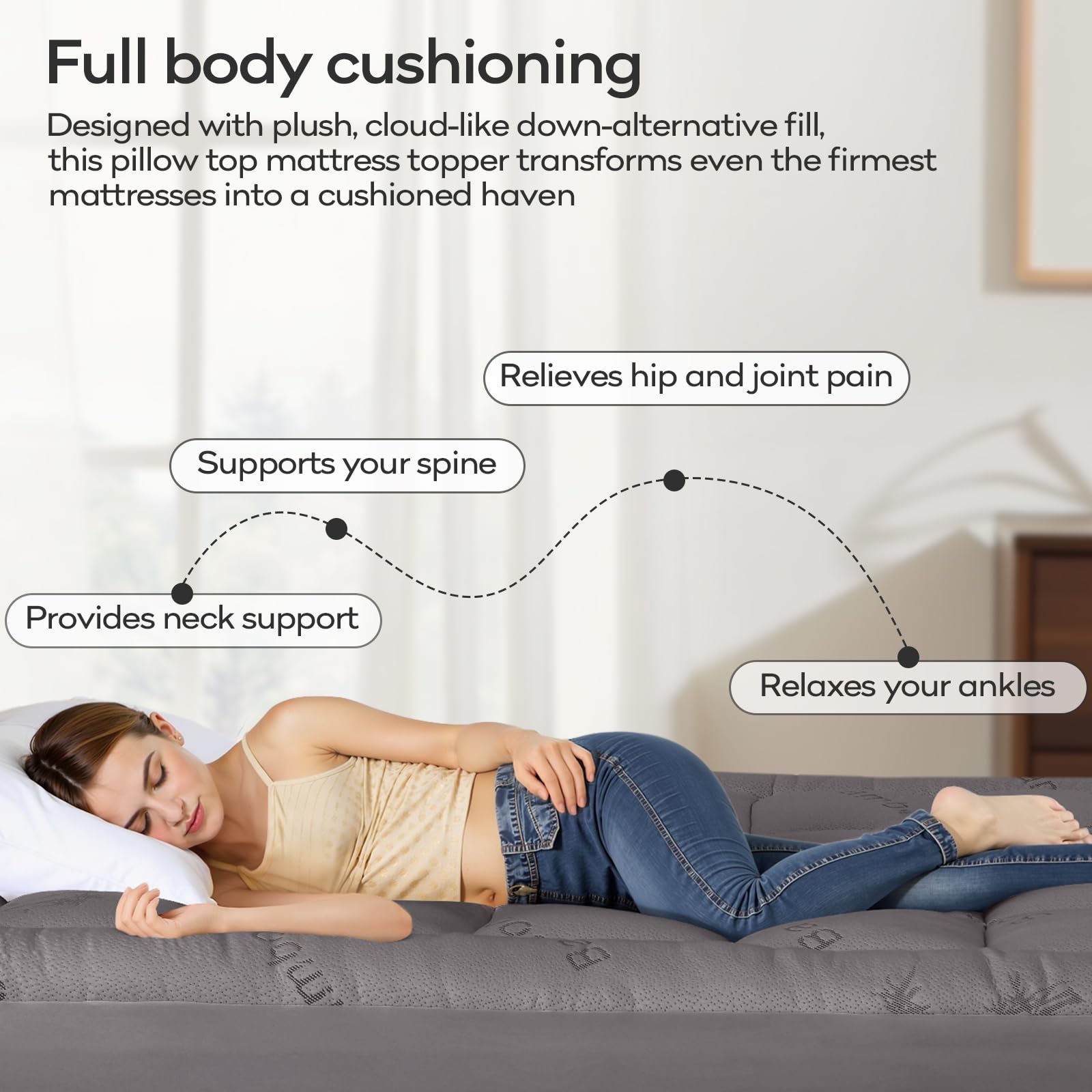 OLANLY Queen Mattress Topper – Viscose Made from Bamboo, Cooling Soft Queen Pillow Top Mattress Pad for Back Pain Relief, Plush Down Alternative Fill Bed Topper with Elastic Deep Pocket, Dark Gray