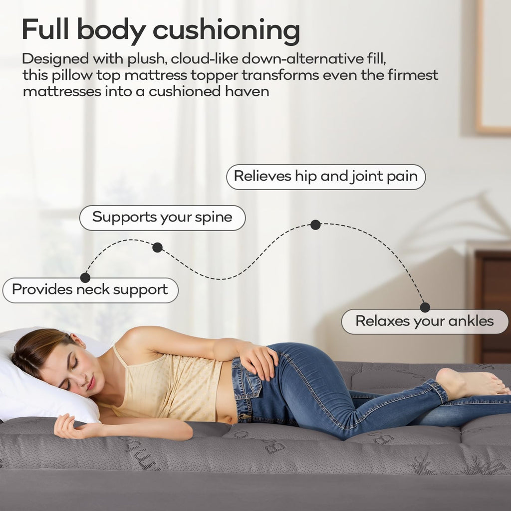 OLANLY Queen Mattress Topper – Viscose Made from Bamboo, Cooling Soft Queen Pillow Top Mattress Pad for Back Pain Relief, Plush Down Alternative Fill Bed Topper with Elastic Deep Pocket, Dark Gray