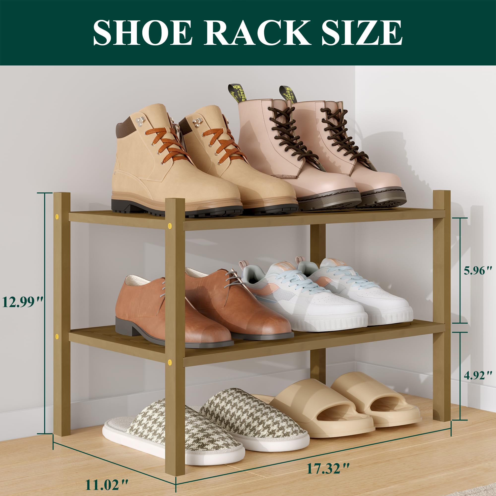 Smiry Bamboo Shoe Rack 3-Tier, Stackable Wooden Shoe Organizer for Entryway & Closet, Free Standing Wood Shoe Storage Shelf for Front Door & Small Spaces, Natural