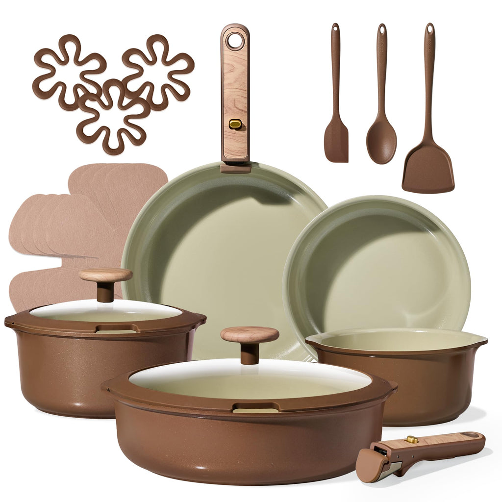 CAROTE 19PCS Ceramic Nonstick Cookware Set, Pots and Pans Set with Detachable Handle, PFAS-Free Non-Toxic, Induction & Oven Safe, Stackable Space-Saving, Dark Choco